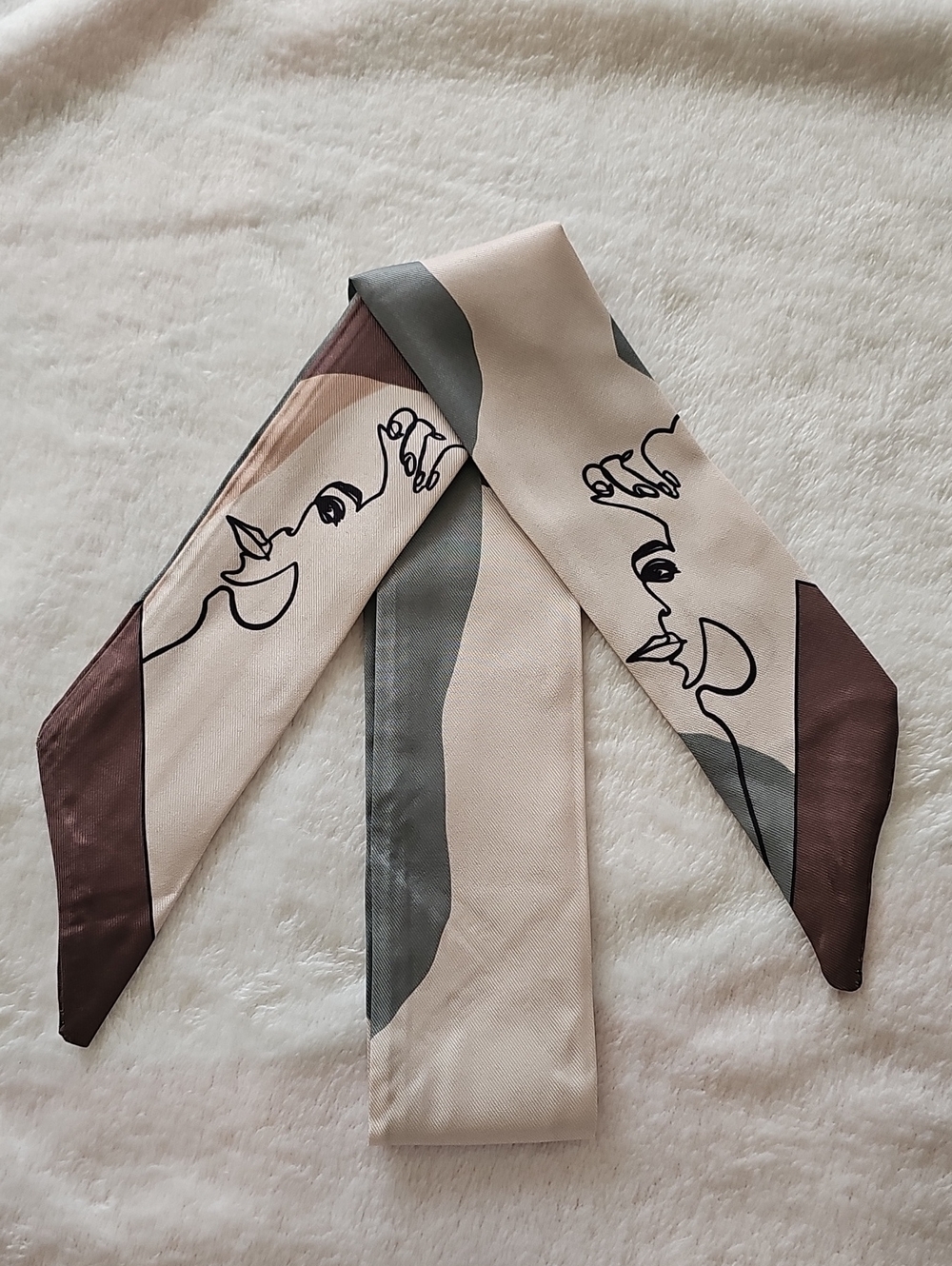 Silky Abstract Face Print Twilly Scarf in Beige and Brown